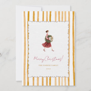 Elegant Woman Christmas Yellow Stripes Photo Holiday Card