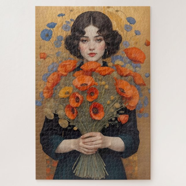 Elegant Woman Holding Bouquet of Poppy Flowers Jigsaw Puzzle (Vertical)