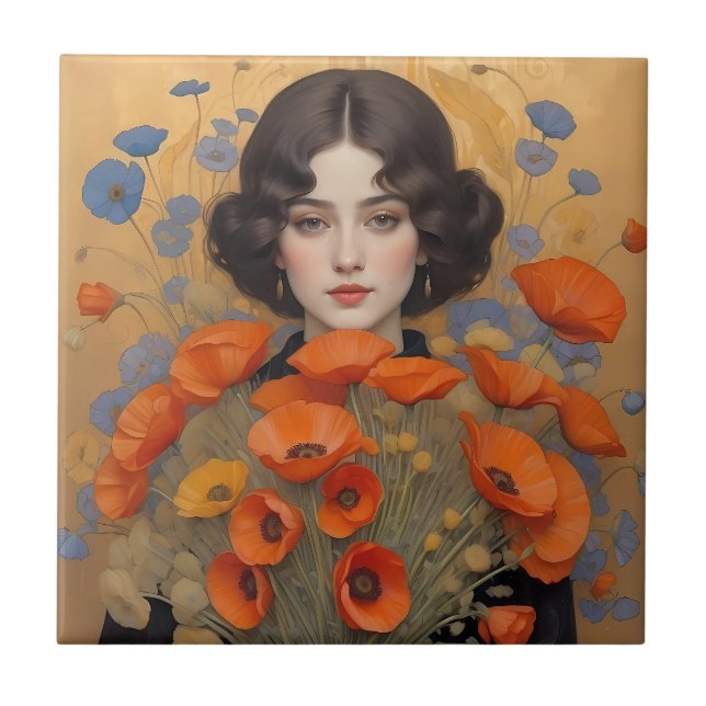 Elegant Woman Holding Bouquet of Poppy Flowers Tile (Front)