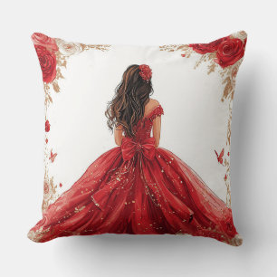 Elegant Woman in a Red Gown Surrounded by Roses Cushion