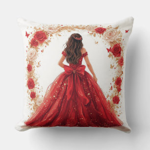 Elegant Woman in a Red Gown Surrounded by Roses Cushion
