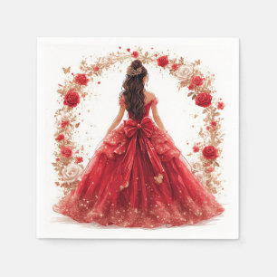 Elegant Woman in a Red Gown Surrounded by Roses Napkin