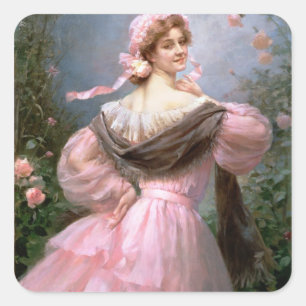 Elegant woman in a rose garden square sticker