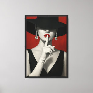Elegant Woman in Black Hat Red Lips Canvas Print