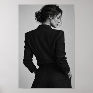 Elegant Woman in Black Suit Monochrome Portrait Wa Poster