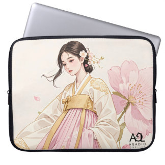 Elegant Woman in Golden Hanbok with Cherry Blossom Laptop Sleeve