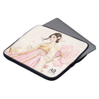 Elegant Woman in Golden Hanbok with Cherry Blossom Laptop Sleeve