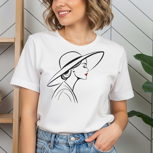 Elegant Woman in Hat Minimalist Line Art T-Shirt (Creator Uploaded)