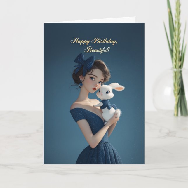 Elegant Woman in Midnight Blue w/ Bunny Birthday Card (Front)