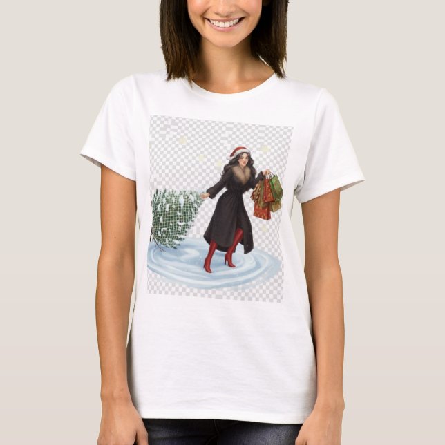 Elegant Woman in Santa Hat Pulling Christmas Tree  T-Shirt (Front)