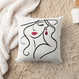 Elegant Woman Line Art with Red Lips and Earring Cushion