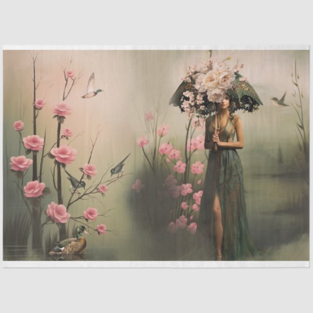 Elegant Woman, Misty Lake Bird & Floral Portrait  Tissue Paper (Front)