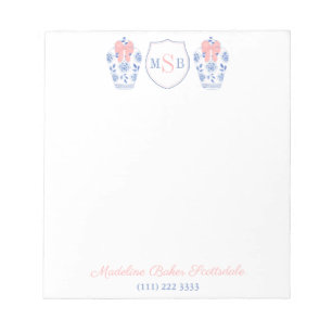 Elegant Woman Pink Ribbon Blue White Vase Monogram Notepad