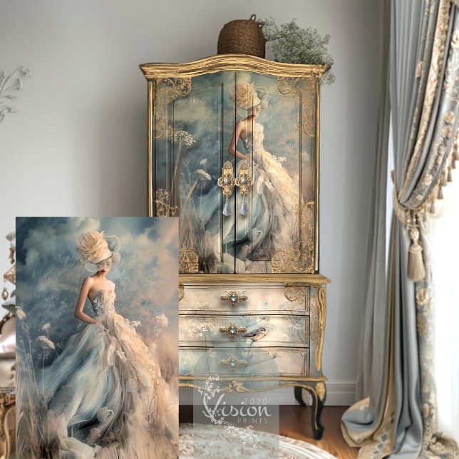  Elegant Woman Portrait Floral Field Ethereal Art Tissue Paper (Elegant Lady & Floral Fields, Romantic, Ethereal, Fantasy, Light Dusty Blue, Decoupage Tissue Paper)