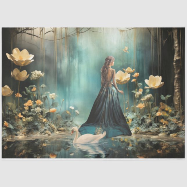 Elegant Woman Portrait Floral Misty Forest Lake Tissue Paper (Front)