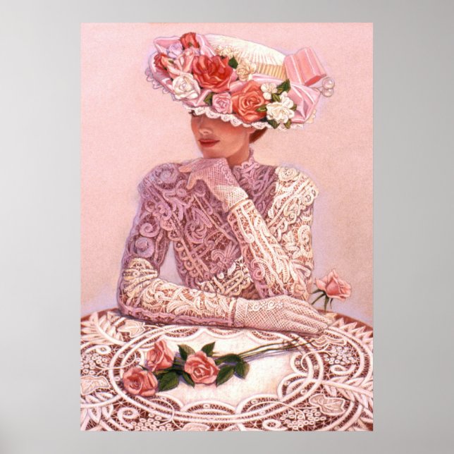 Elegant woman, roses hat, lace decor art poster (Front)