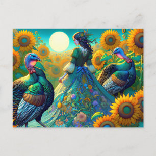 Elegant Woman, Turkey and Sunflowers Holiday Postcard