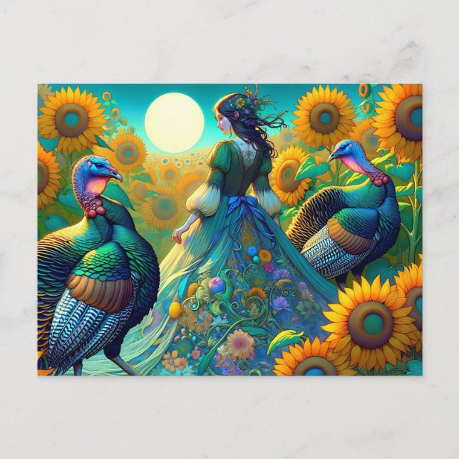 Elegant Woman, Turkey and Sunflowers Holiday Postcard (Front)