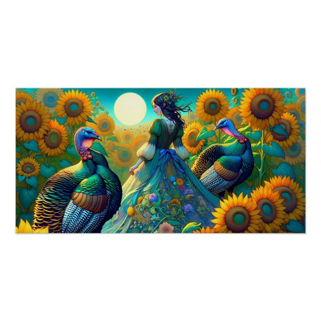 Elegant Woman, Turkey and Sunflowers Poster (Front)