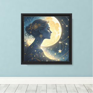 Elegant Woman Under the Golden Moon & Stars Canvas Print