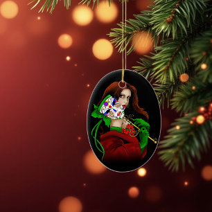 Elegant Woman Venetian Mask Red Green Ceramic Tree Decoration