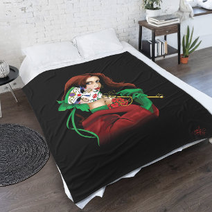 Elegant Woman Venetian Mask Red Green Fleece Blanket