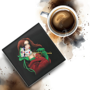 Elegant Woman Venetian Mask Red Green Glass Coaster