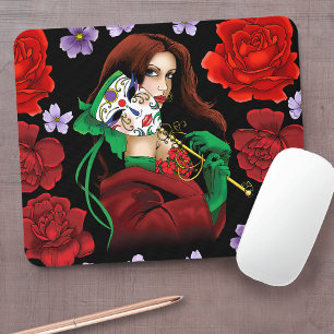 Elegant Woman Venetian Mask Red Green Mouse Pad