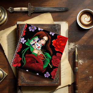 Elegant Woman Venetian Mask Red Green Notebook
