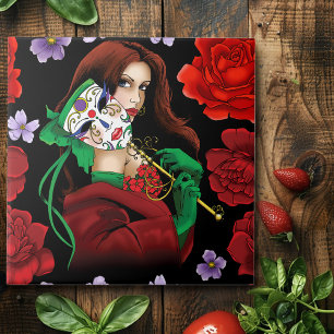 Elegant Woman Venetian Mask Red Green Tile