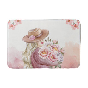 Elegant Woman with Peonies Watercolor Art Print Bath Mat