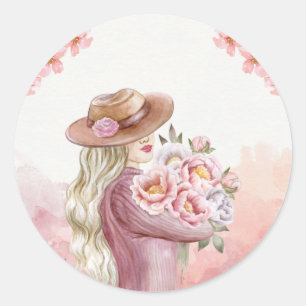 Elegant Woman with Peonies Watercolor Art Print Classic Round Sticker
