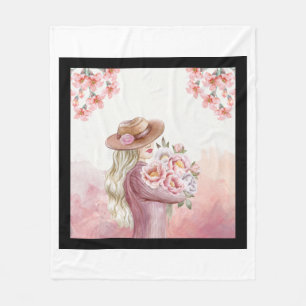 Elegant Woman with Peonies Watercolor Art Print Fleece Blanket