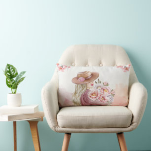 Elegant Woman with Peonies Watercolor Art Print Lumbar Cushion