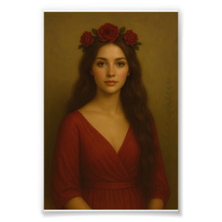 "Elegant Woman with Red Rose Crown – Timeless Flor Photo Print