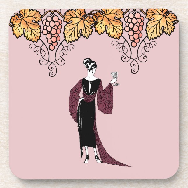Elegant Woman with Wine Vintage Design Coaster (Front)