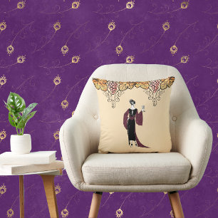 Elegant Woman with Wine Vintage on Yellow Beige Cushion