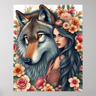 Elegant Woman with Wolf & Flowers Poster