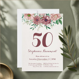Elegant Woman's Burgundy Florals 50th Birthday Invitation