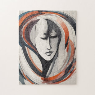 Elegant Woman's Face Brown Blue Wall Art Abstract Jigsaw Puzzle