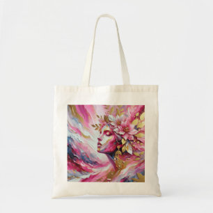 Elegant woman's face with pink leaves tote bag