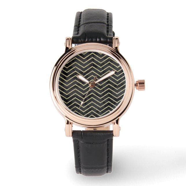 Elegant Women's Black Marble and Gold Chevron Watch (Front)