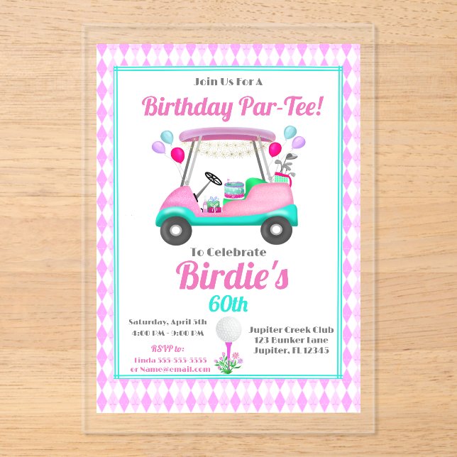 Elegant Women's Golf Party Cart Birthday  Acrylic Invitations (Front)