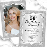 Elegant Womens Silver Photo 50th Birthday Invitation<br><div class="desc">Elegant feminine 50th birthday invitation with your photo at the back of the card. Glam design with faux glitter silver. Features silver stripes, script font and confetti. Perfect for a stylish adult bday celebration party. Personalise with your own details. Can be customised for any age! Printed Zazzle invitations or instant...</div>