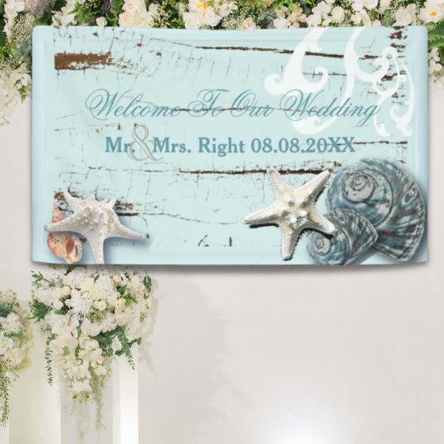 Elegant wood BLue Seashells Beach Wedding Banner (Elegant wood BLue Seashells Beach Wedding Banner)