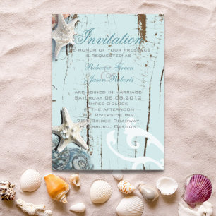 Elegant wood BLue Seashells Beach Wedding Magnetic Invitation