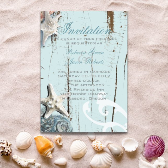 Elegant wood BLue Seashells Beach Wedding Magnetic Invitation (Elegant wood BLue Seashells Beach Wedding Magnetic Invitation)