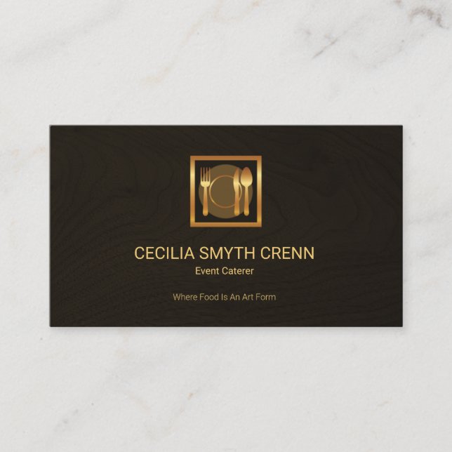 Elegant Wood Grain Gold Cutlery Logo Caterer Business Card (Front)