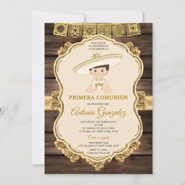 Elegant Wood Little Cute Boy Primera Comunión Gold Invitation (Front)