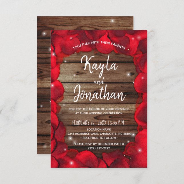 Elegant Wood Rose Petals Country Rustic Wedding Invitation (Front/Back)